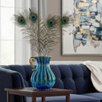 Blue European Glass Flower Vase with Metal Handle
