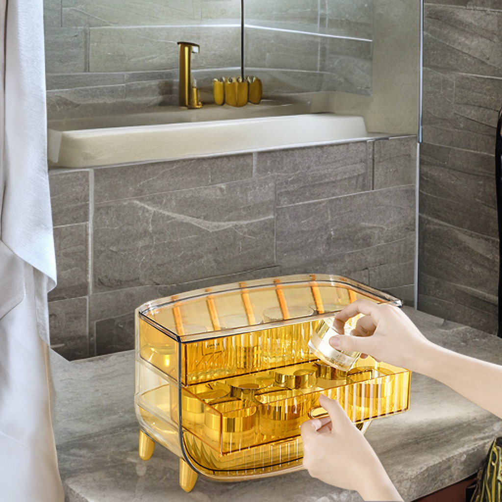 2 Tier Golden Yellow Multifunctional Countertop Cosmetic Storage Organiser
