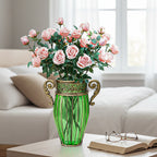 Green Glass Flower Vase with 8 Bunch 5 Heads Artificial Silk Rose Set