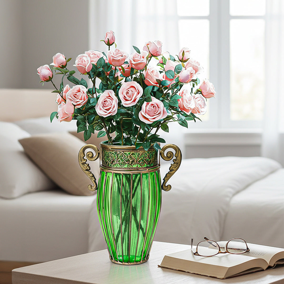 Green Glass Flower Vase with 8 Bunch 5 Heads Artificial Silk Rose Set