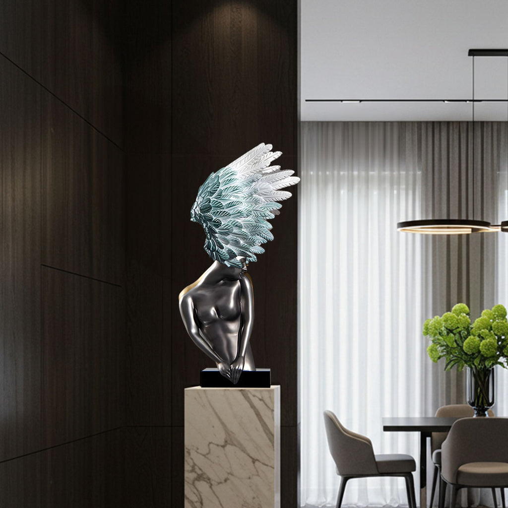 SOGA 86cm Silver Winged Figure Sculpture with Marble Base