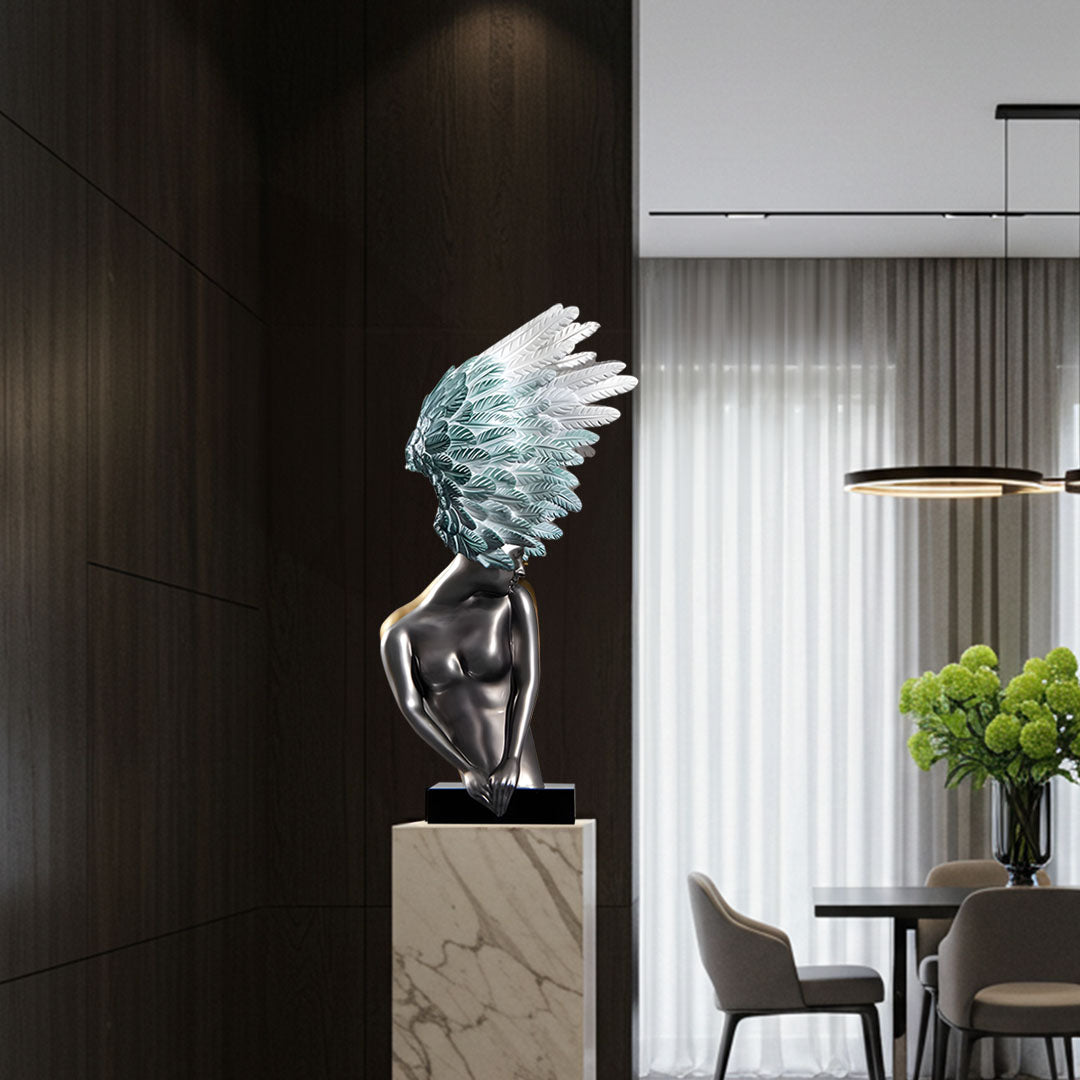 SOGA 86cm Silver Winged Figure Sculpture with Marble Base