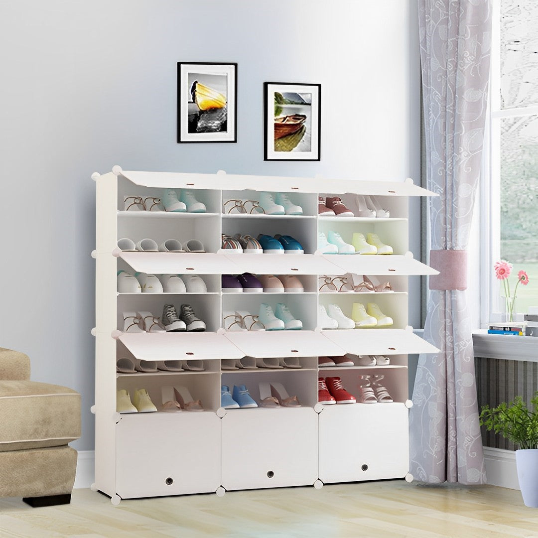 7 Tier 3 Column White Shoe Rack Organizer