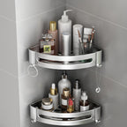 Silver Wall-Mounted Triangular Bathroom Storage Rack with Hooks