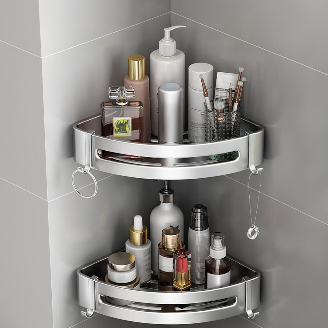 Silver Wall-Mounted Triangular Bathroom Storage Rack with Hooks