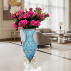 67cm Blue Glass Floor Vase and 12pcs Dark Pink Artificial Flower Set