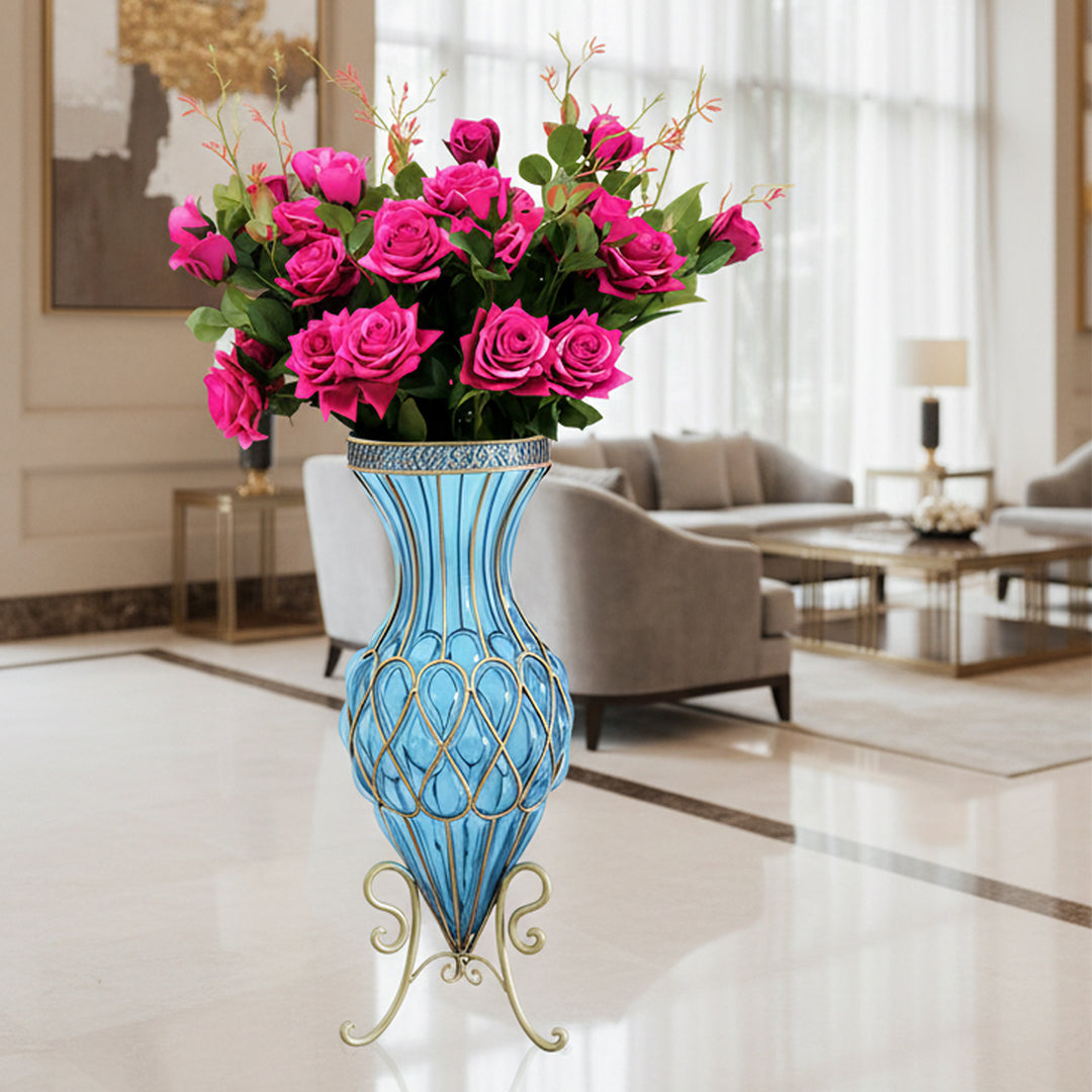 67cm Blue Glass Floor Vase and 12pcs Dark Pink Artificial Flower Set