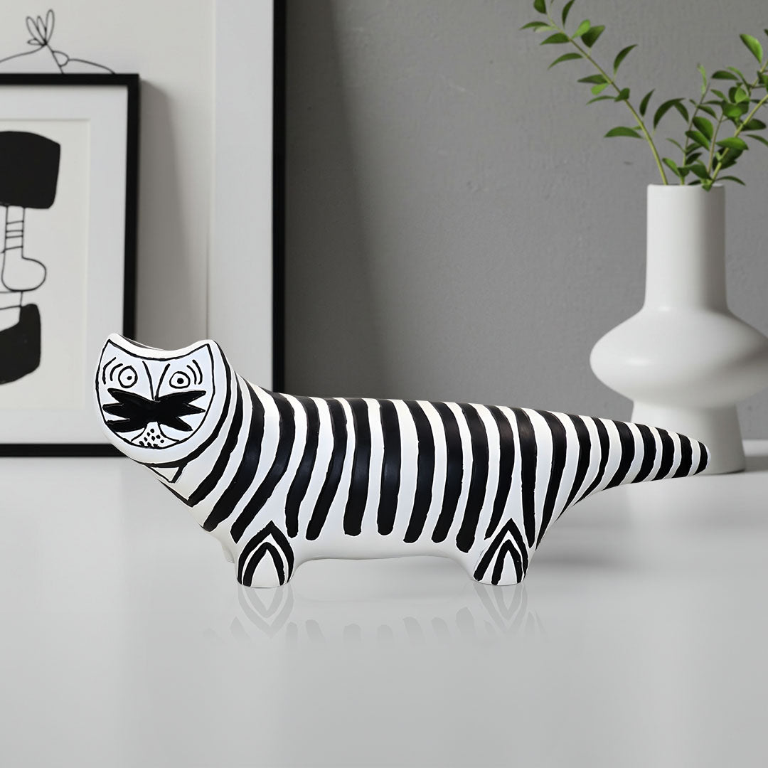 SOGA 47cm Elongated Black and White Striped Cat Resin Sculpture for Modern Home Décor