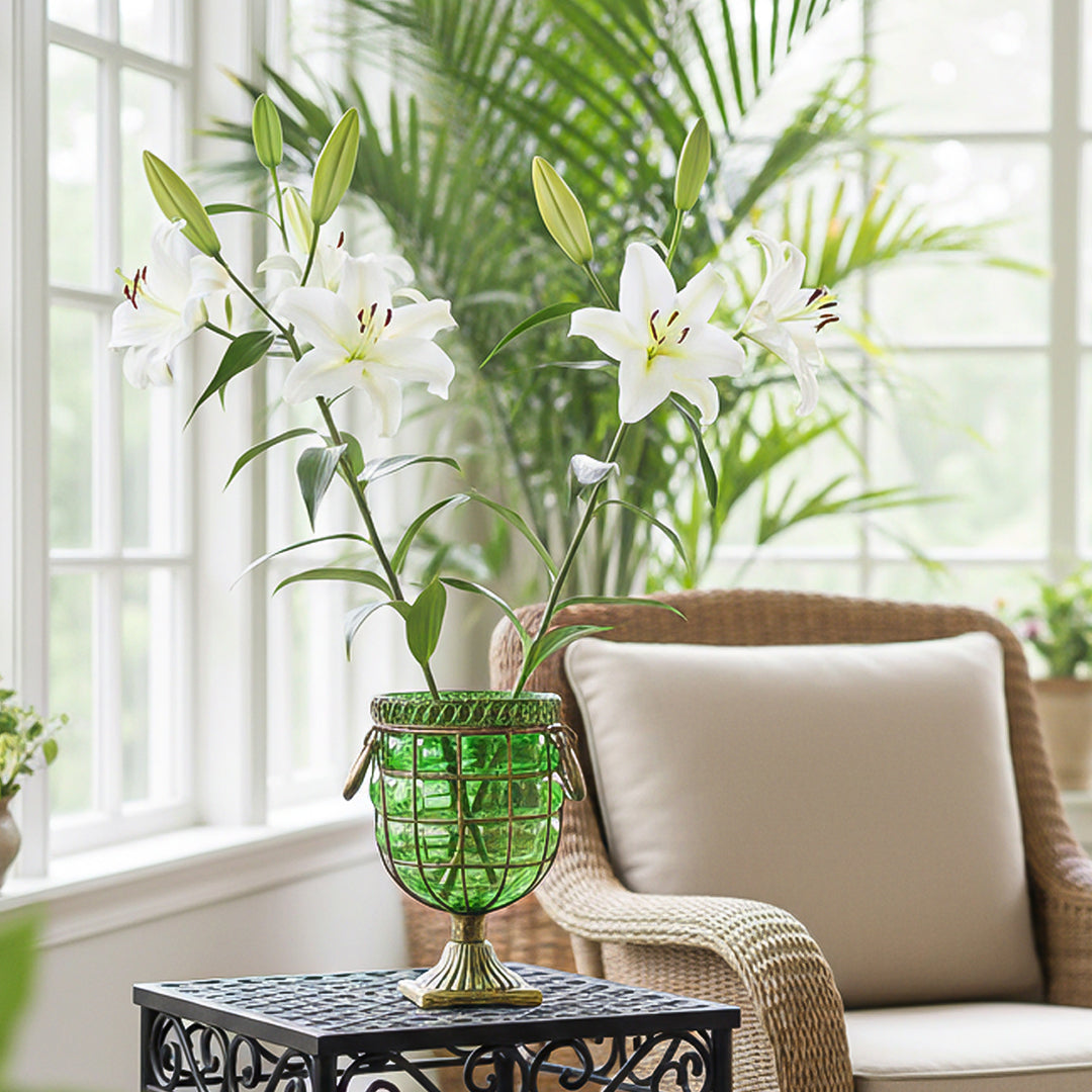 Green European GlassFlower Vase with Metal Handle