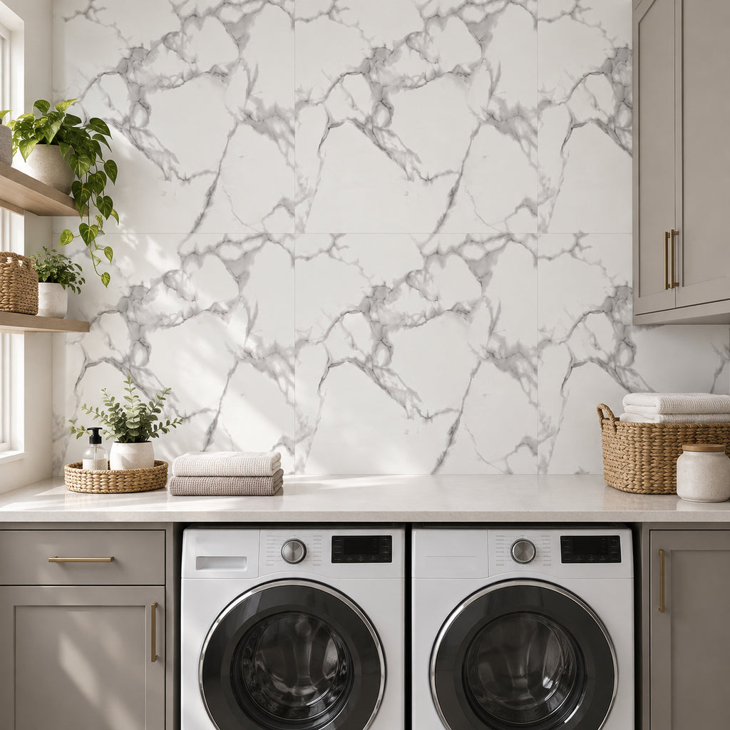 SOGA Peel & Stick Floor and Wall Tiles 60 x 60cm 10 Pack White Grey Faux Marble