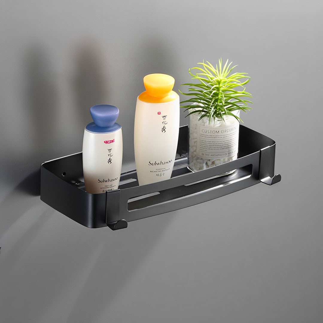 Black Wall-Mounted Rectangular Bathroom Storage Shelf Rack with Hooks