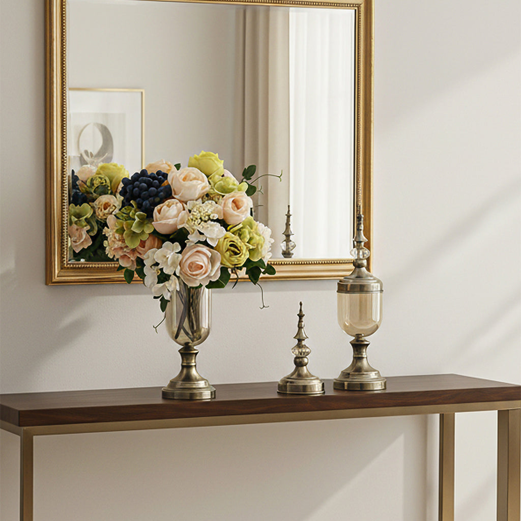 2x Clear Bronze Glass Vase with Lid and White Flower Set