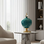 38cm Ceramic Vase with Gold Metal Base Green