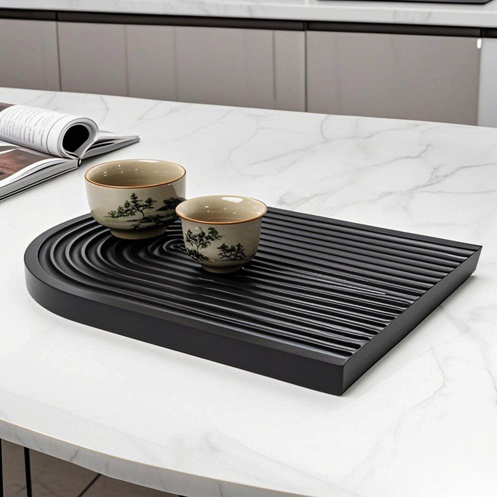 SOGA 32cm Black Ribbed - Premium Beech Wood Decorative Tray