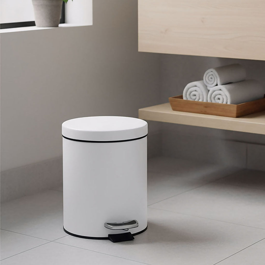 Foot Pedal Stainless Steel Trash Bin Round 12L White