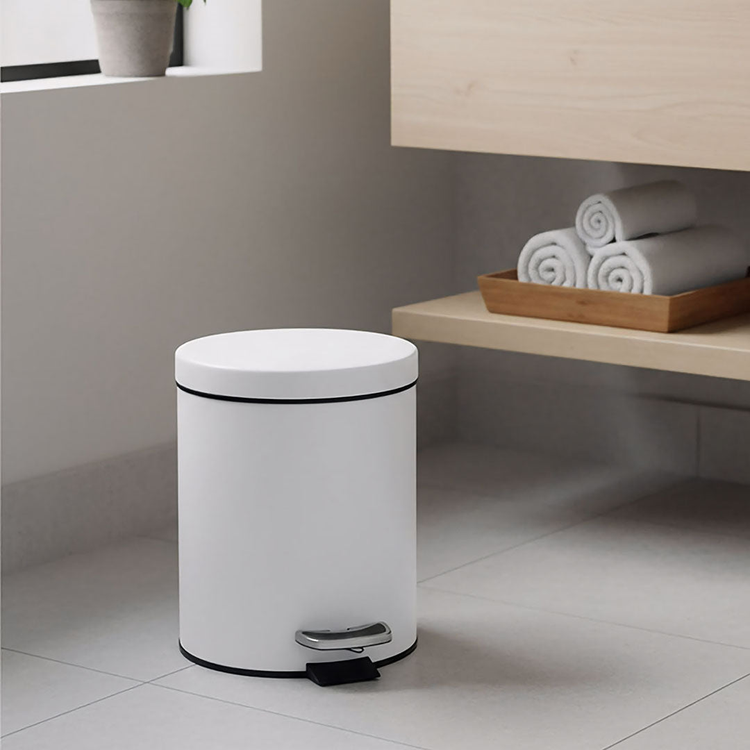 Foot Pedal Stainless Steel Trash Bin Round 12L White