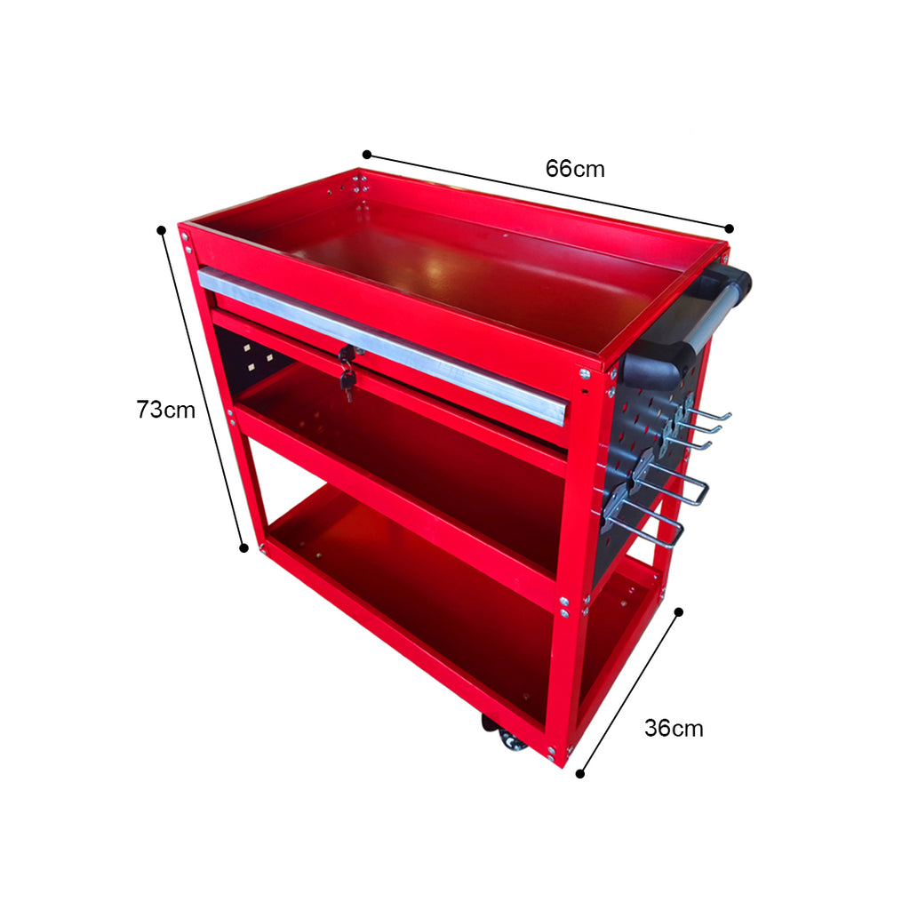 3 Tier Tool Storage Cart with Drawer and Hooks Red