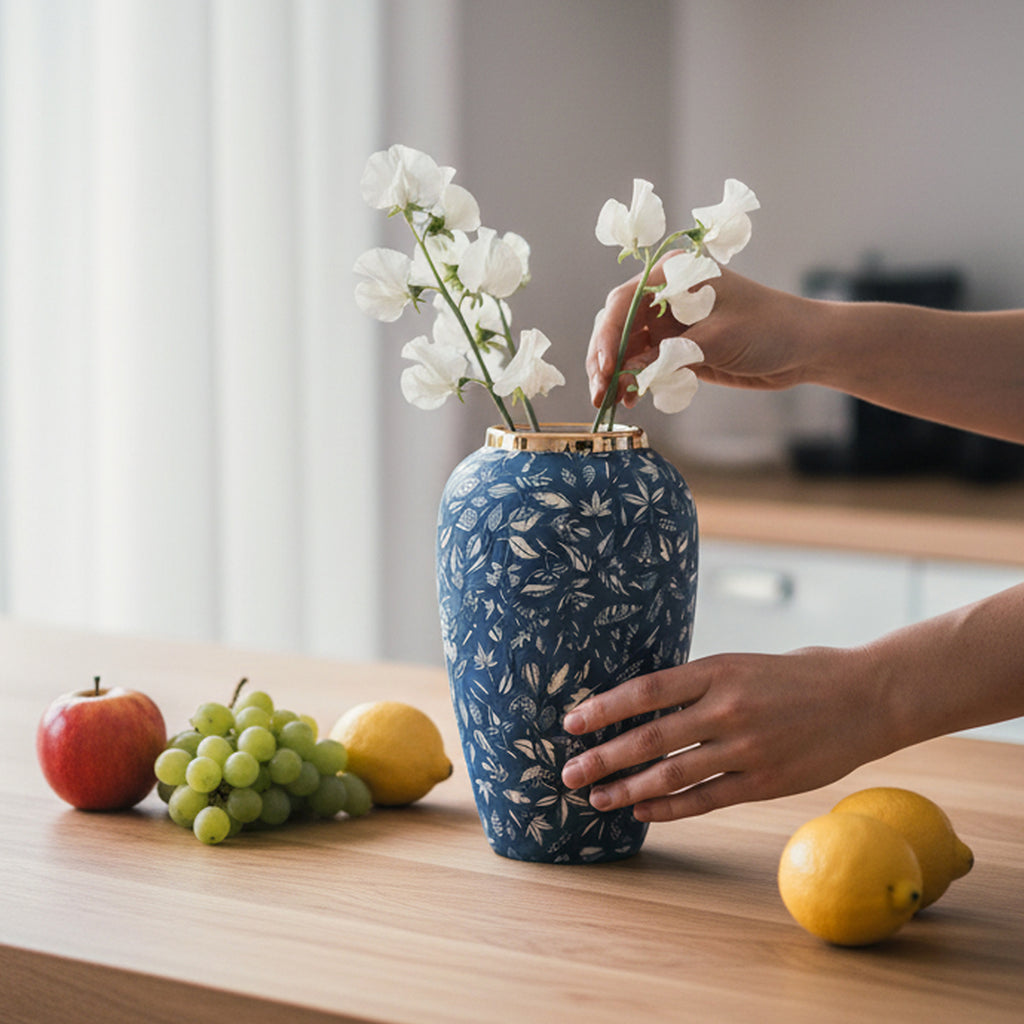 30x19 Blue Medium Ceramic Flower Vase Elegant Living Room Home Decor