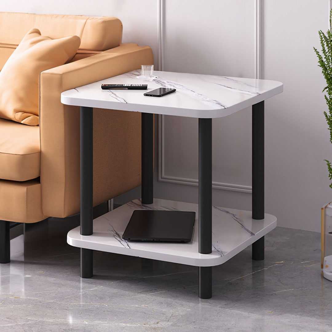 70cm White Ceramic Table Stone Pattern with Black Metal Legs