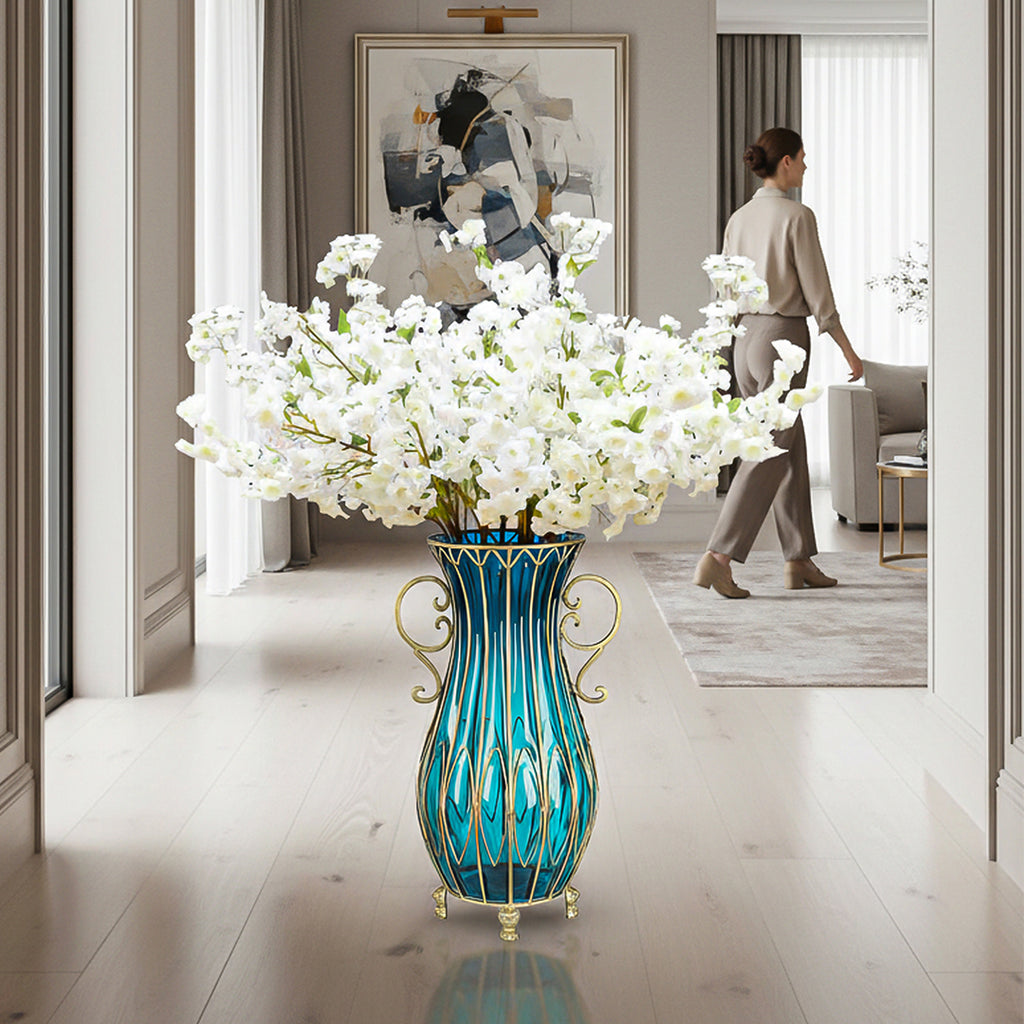 51cm Blue Glass Floor Vase and 10pcs White Artificial Flower Set