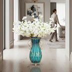 51cm Blue Glass Floor Vase and 10pcs White Artificial Flower Set