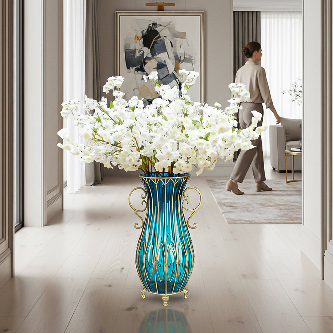 51cm Blue Glass Floor Vase and 10pcs White Artificial Flower Set
