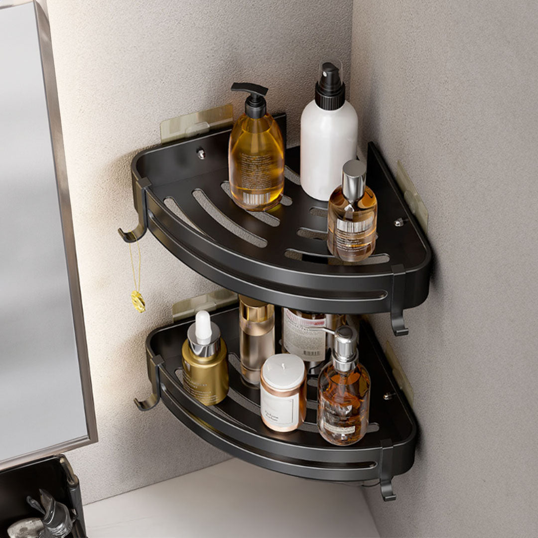 Black Wall-Mounted Triangular Bathroom Storage Rack with Hooks