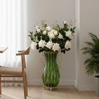 51cm Green Glass Floor Vase with 12pcs White Artificial Flower Set