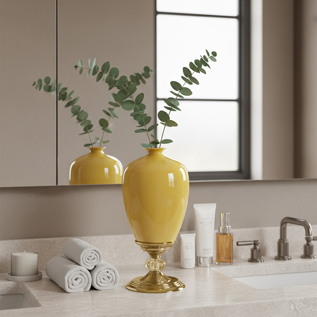 42cm Ceramic Vase with Gold Metal Base Yellow