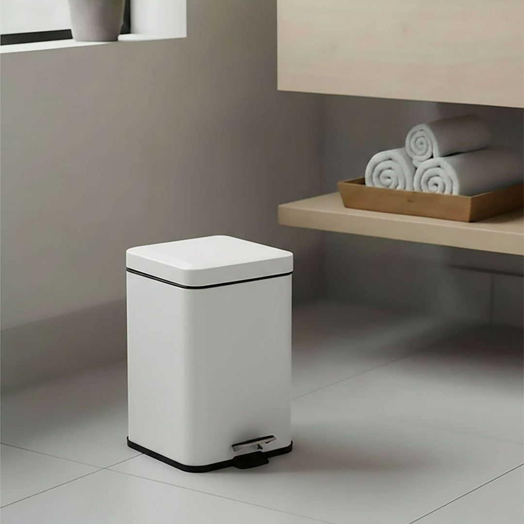 Foot Pedal Stainless Steel Trash Bin Square 6L White