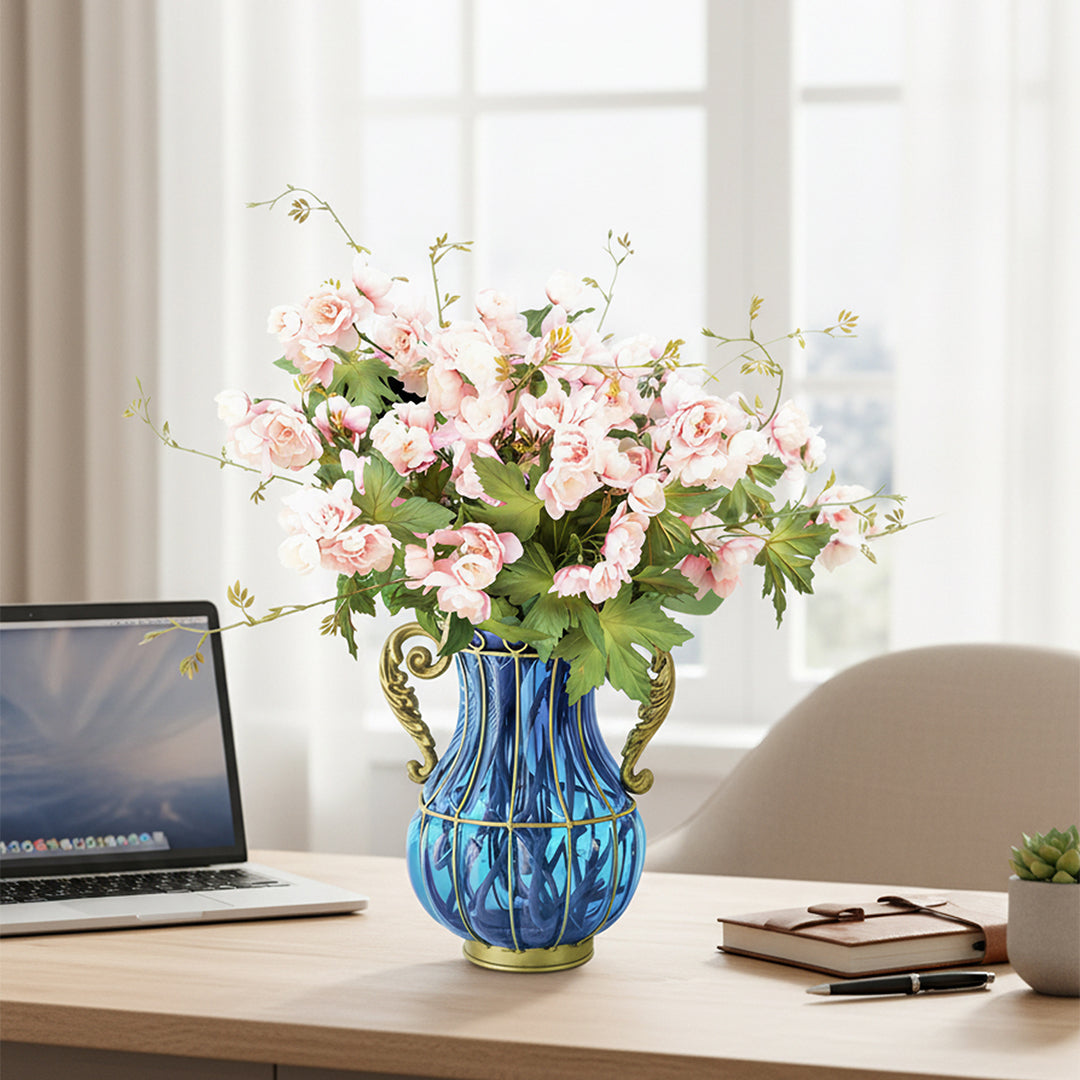 Blue Glass Flower Vase with 8 Bunch 3 Heads Artificial Silk Hibiscus Set