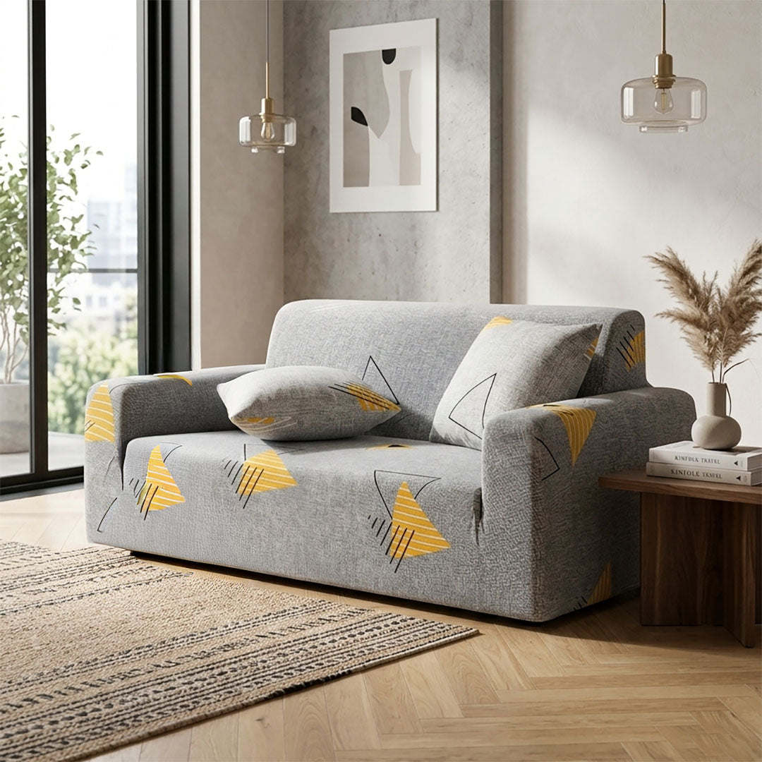 High Stretch 2-Seater Geometric Print Sofa Slipcover