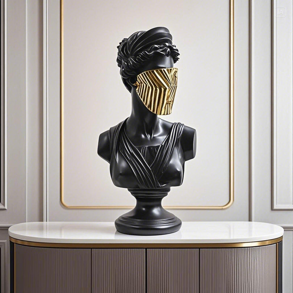 SOGA 40cm Black Classical Bust Sculpture Resin with Gold Striped Mask for Modern Home Décor