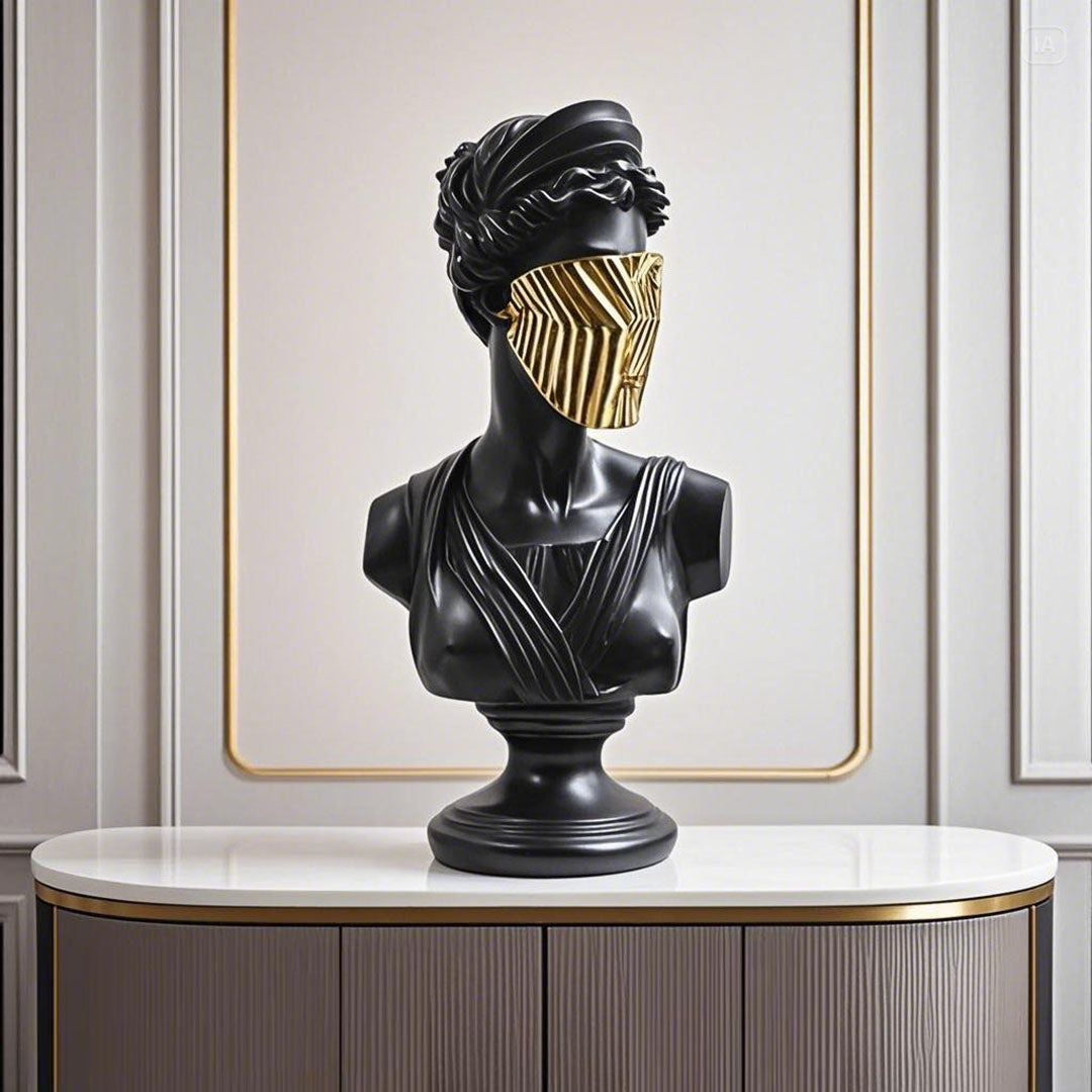 SOGA 40cm Black Classical Bust Sculpture Resin with Gold Striped Mask for Modern Home Décor