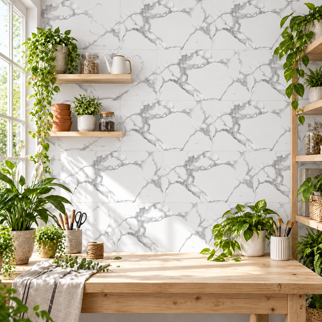 SOGA Peel & Stick Floor and Wall Tiles 30 x 60cm 10 Pack White Grey Faux Marble
