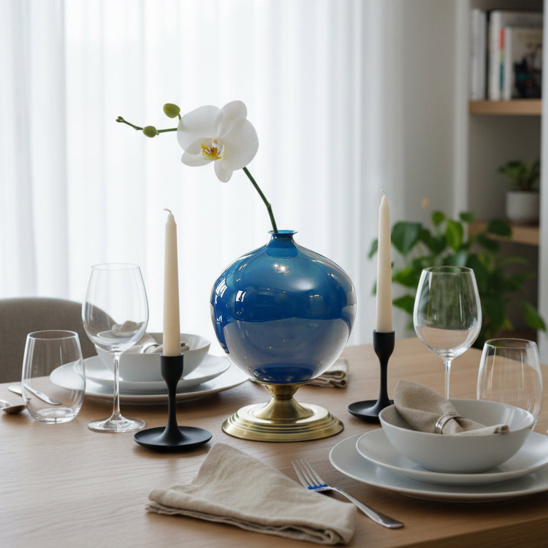 38cm Ceramic Vase with Gold Metal Base Dark Blue