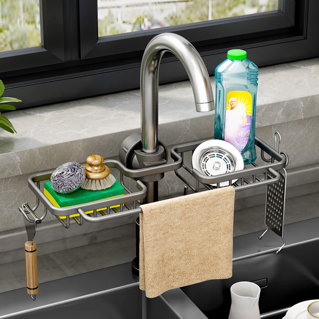 Dark Grey Kitchen Sink Faucet Organiser with Towel Bar Holder