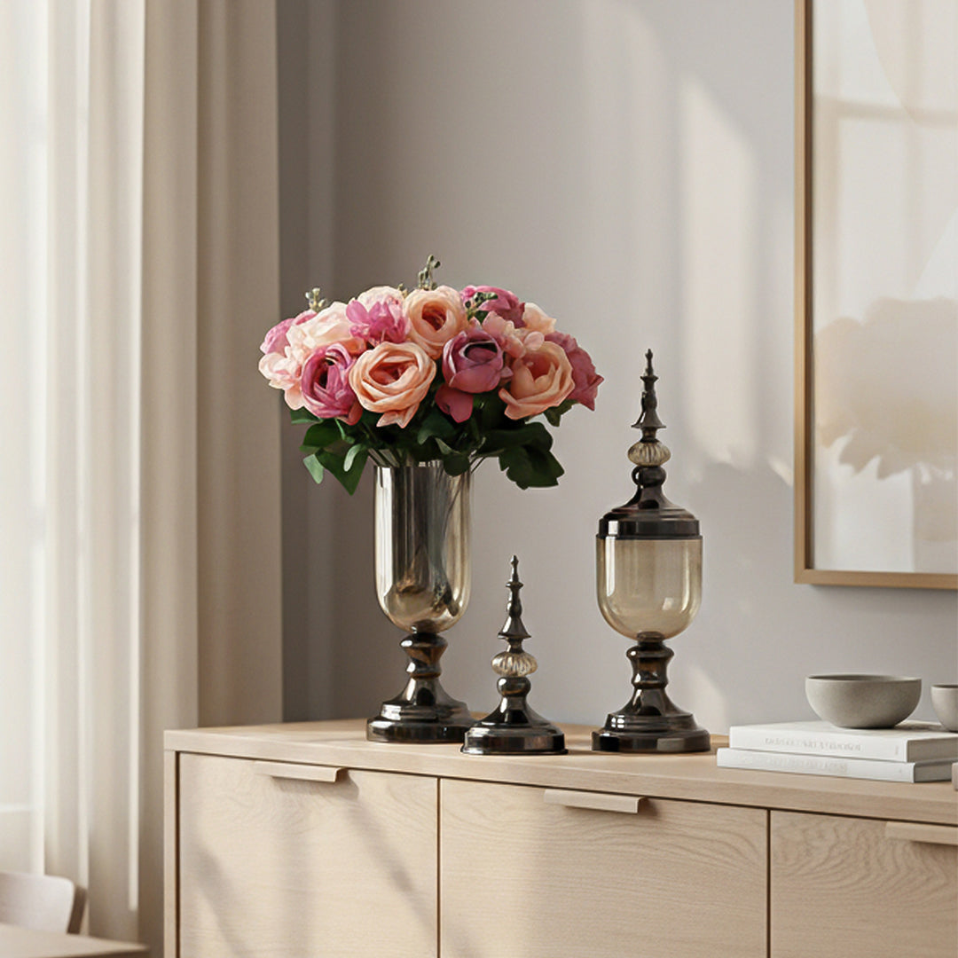 2x Clear Black Glass Vase with Lid and Pink Flower Set