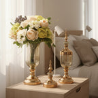 2x Clear Gold Glass Vase with Lid and White Flower Set