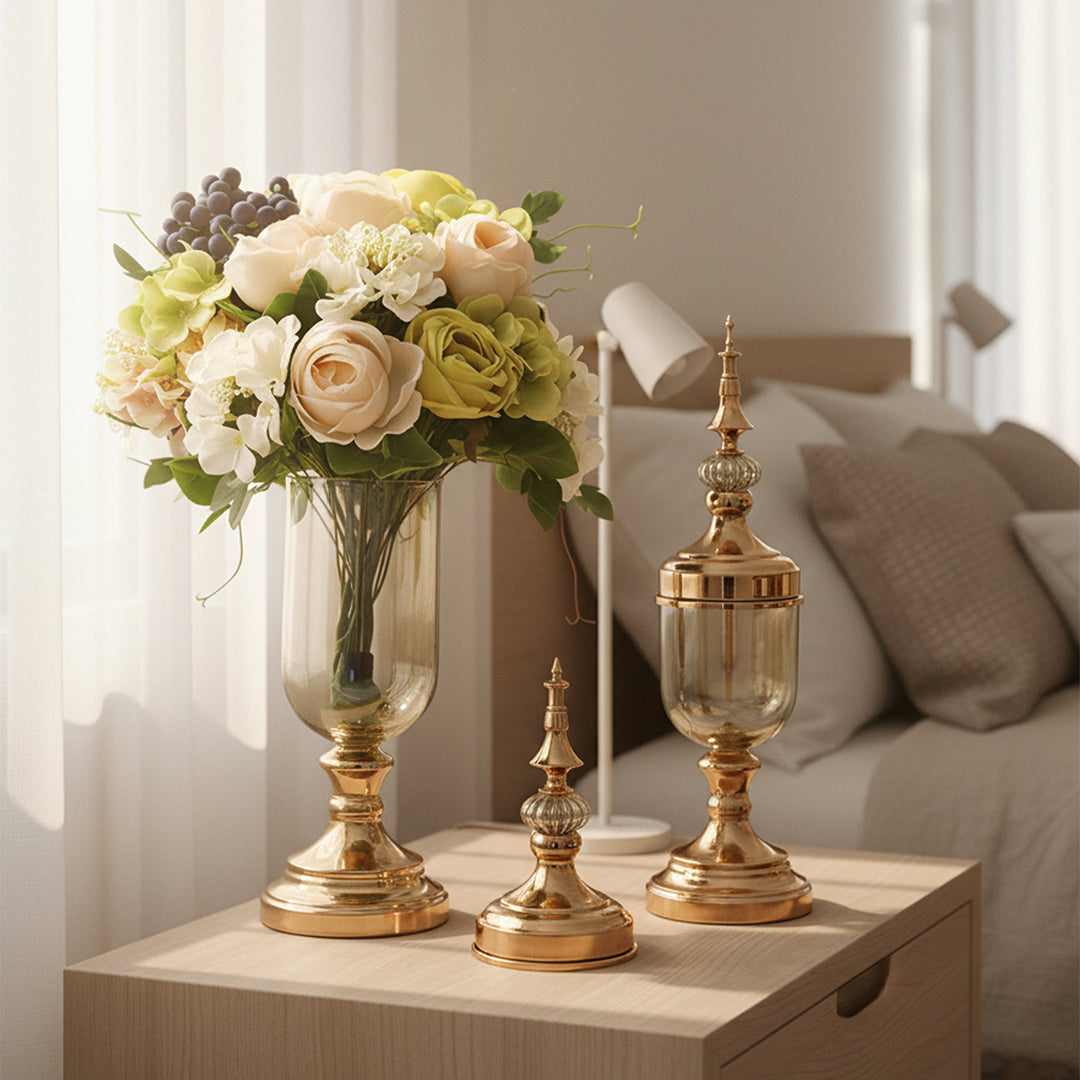 2x Clear Gold Glass Vase with Lid and White Flower Set