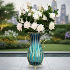 51cm Blue Glass Floor Vase with 12pcs White Artificial Flower Set