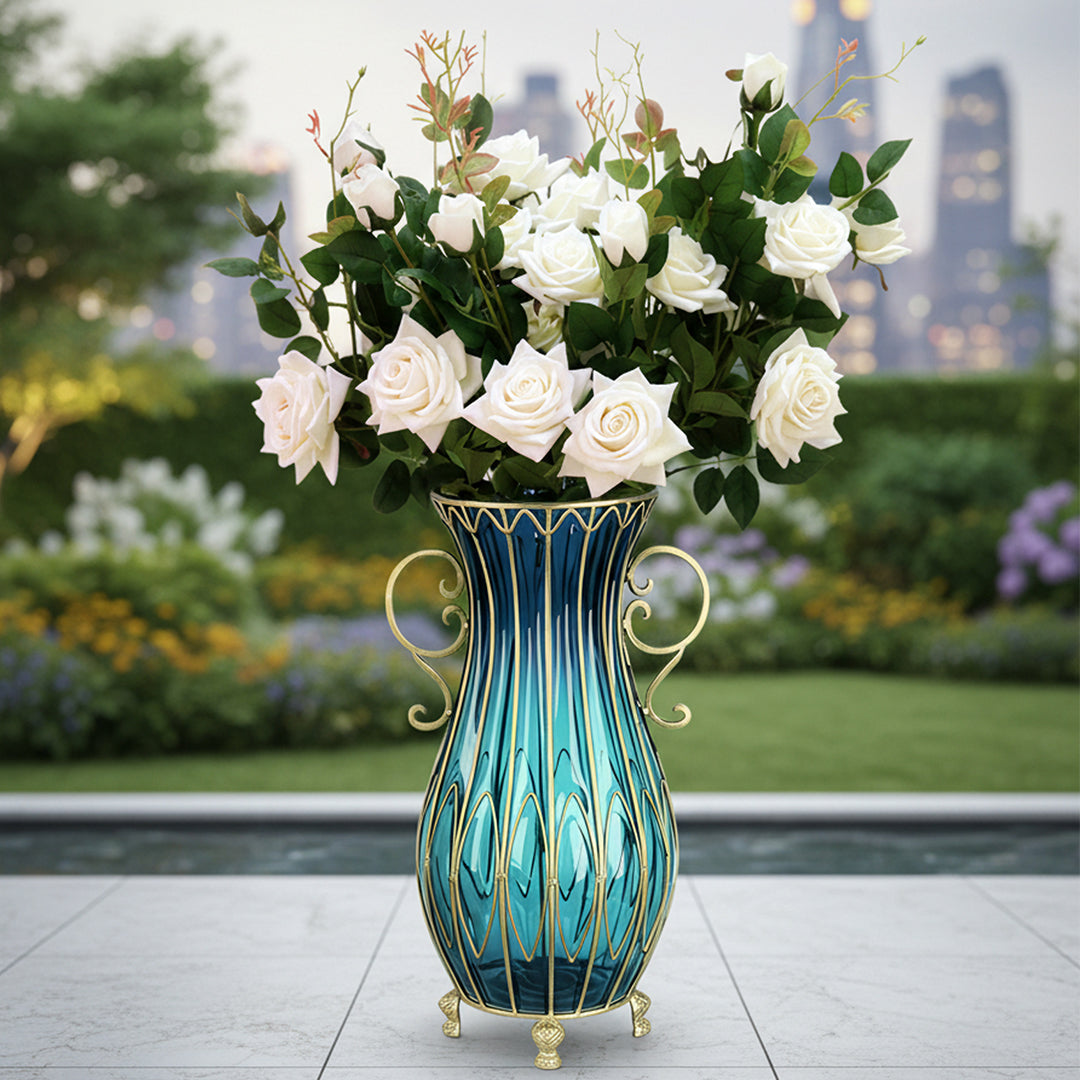 51cm Blue Glass Floor Vase with 12pcs White Artificial Flower Set