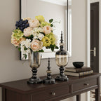 2x Clear Black Glass Vase with Lid and White Flower Set