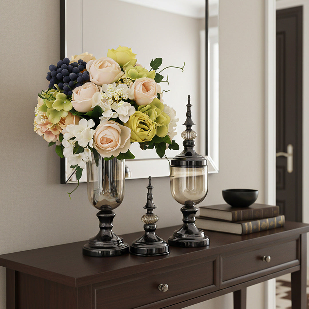 2x Clear Black Glass Vase with Lid and White Flower Set