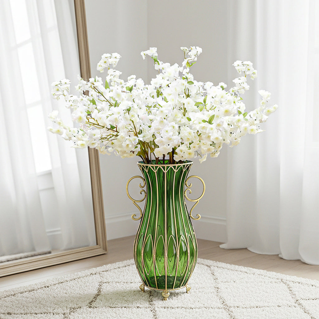 51cm Green Glass Floor Vase and 10pcs White Artificial Flower Set
