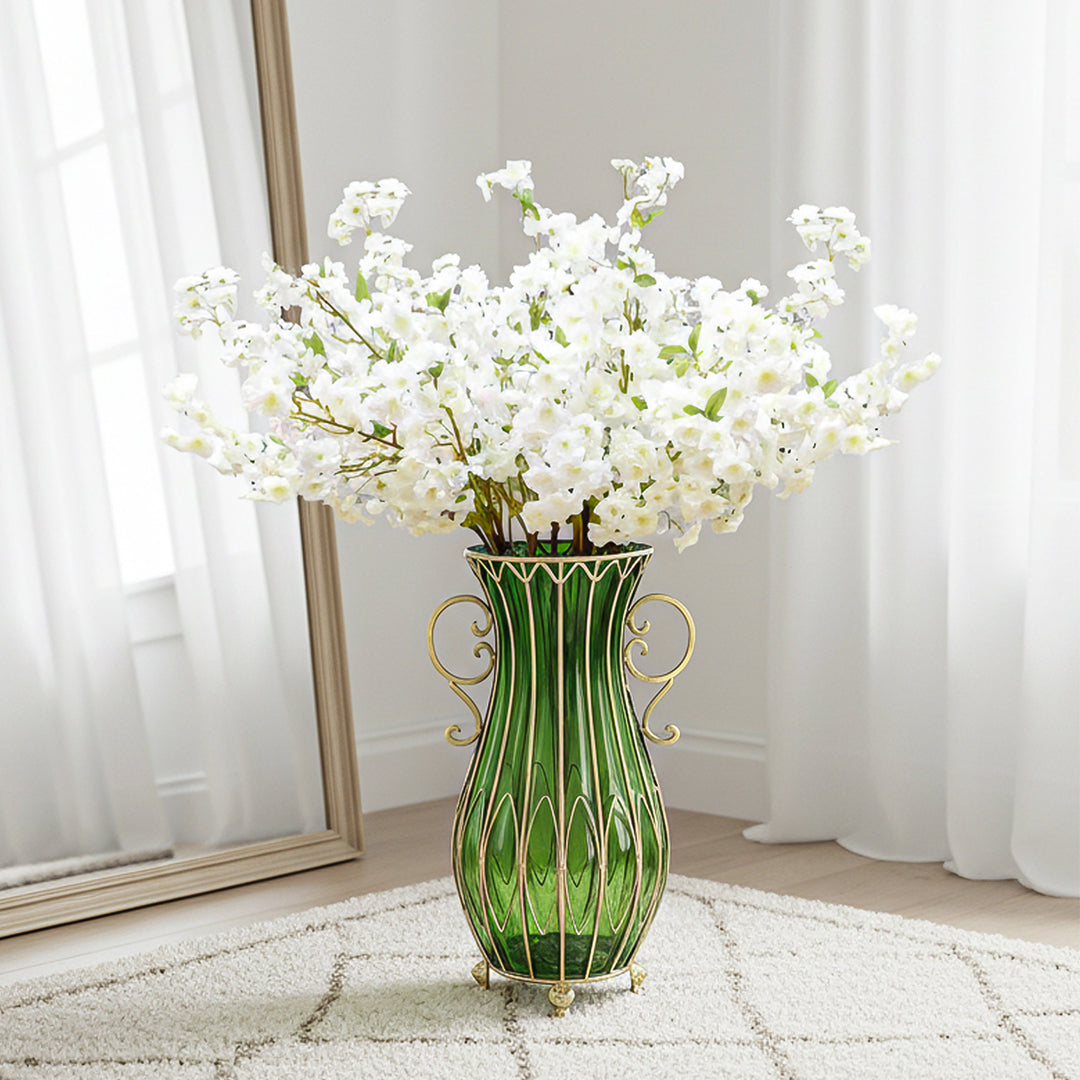 51cm Green Glass Floor Vase and 10pcs White Artificial Flower Set