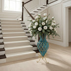 67cm Blue Glass Floor Vase with Metal Stand