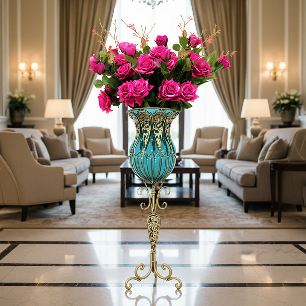 85cm Blue Glass Floor Vase and 12pcs Dark Pink Artificial Flower Set