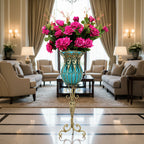 85cm Blue Glass Floor Vase and 12pcs Dark Pink Artificial Flower Set