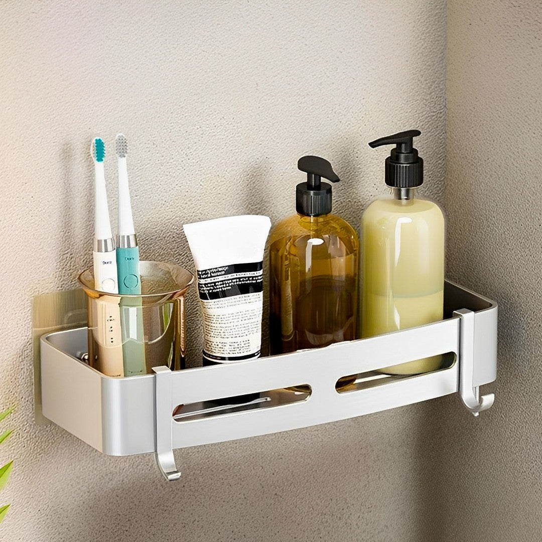 Silver Wall-Mounted Rectangular Bathroom Rack with Hooks